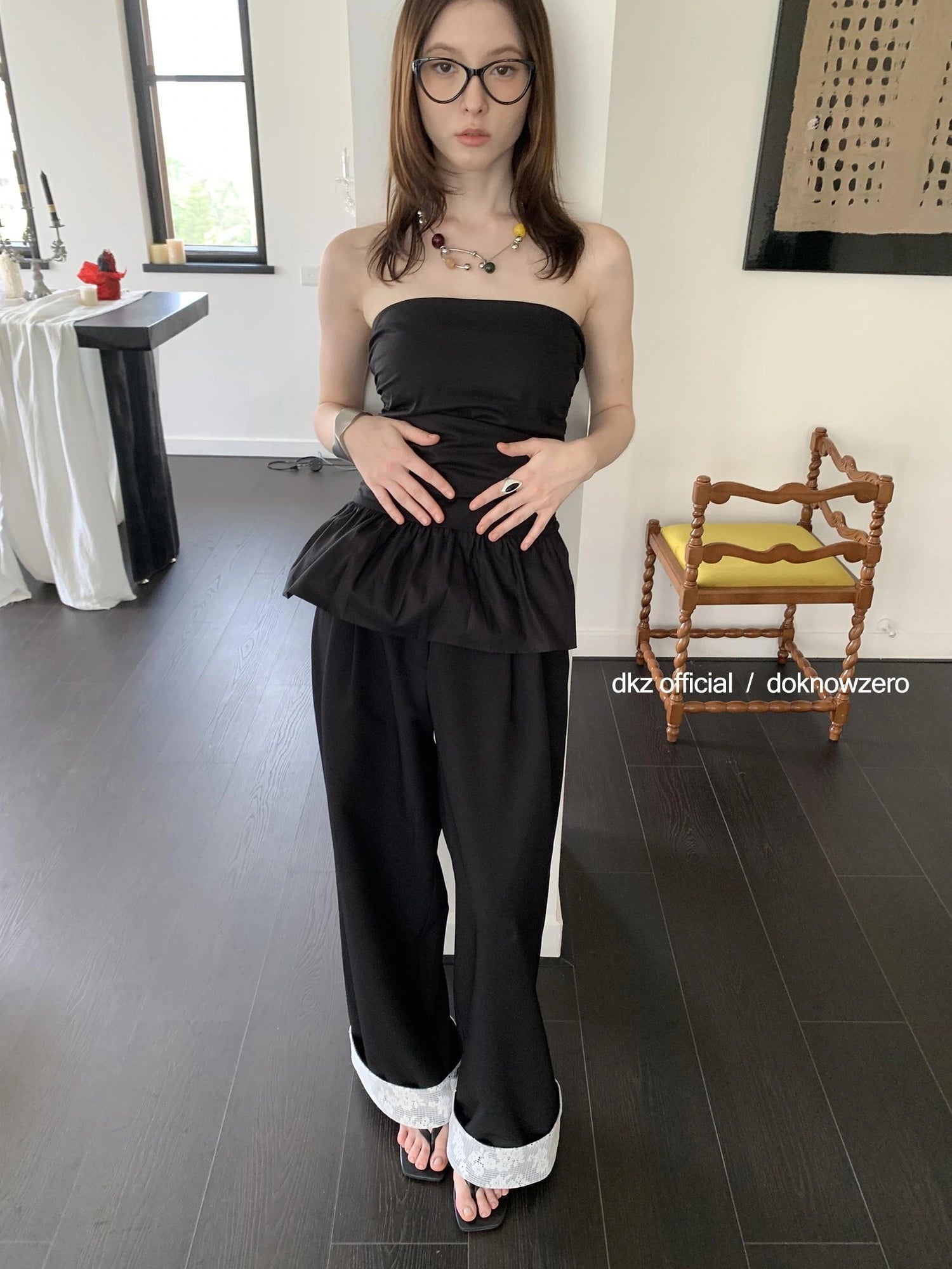 DKZ OFFICIAL Lace Panel Wide Leg Pants With Cuffed Hem