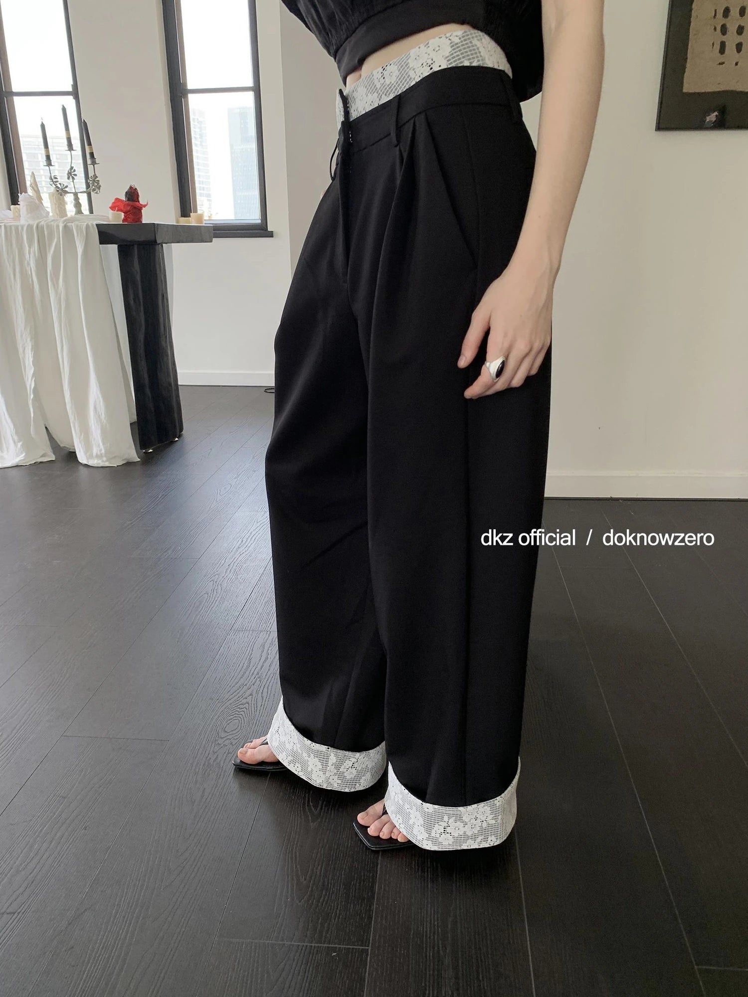 DKZ OFFICIAL Lace Panel Wide Leg Pants With Cuffed Hem