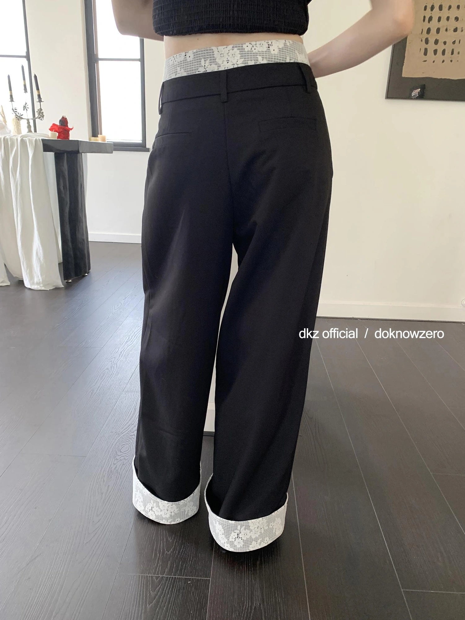 DKZ OFFICIAL Lace Panel Wide Leg Pants With Cuffed Hem