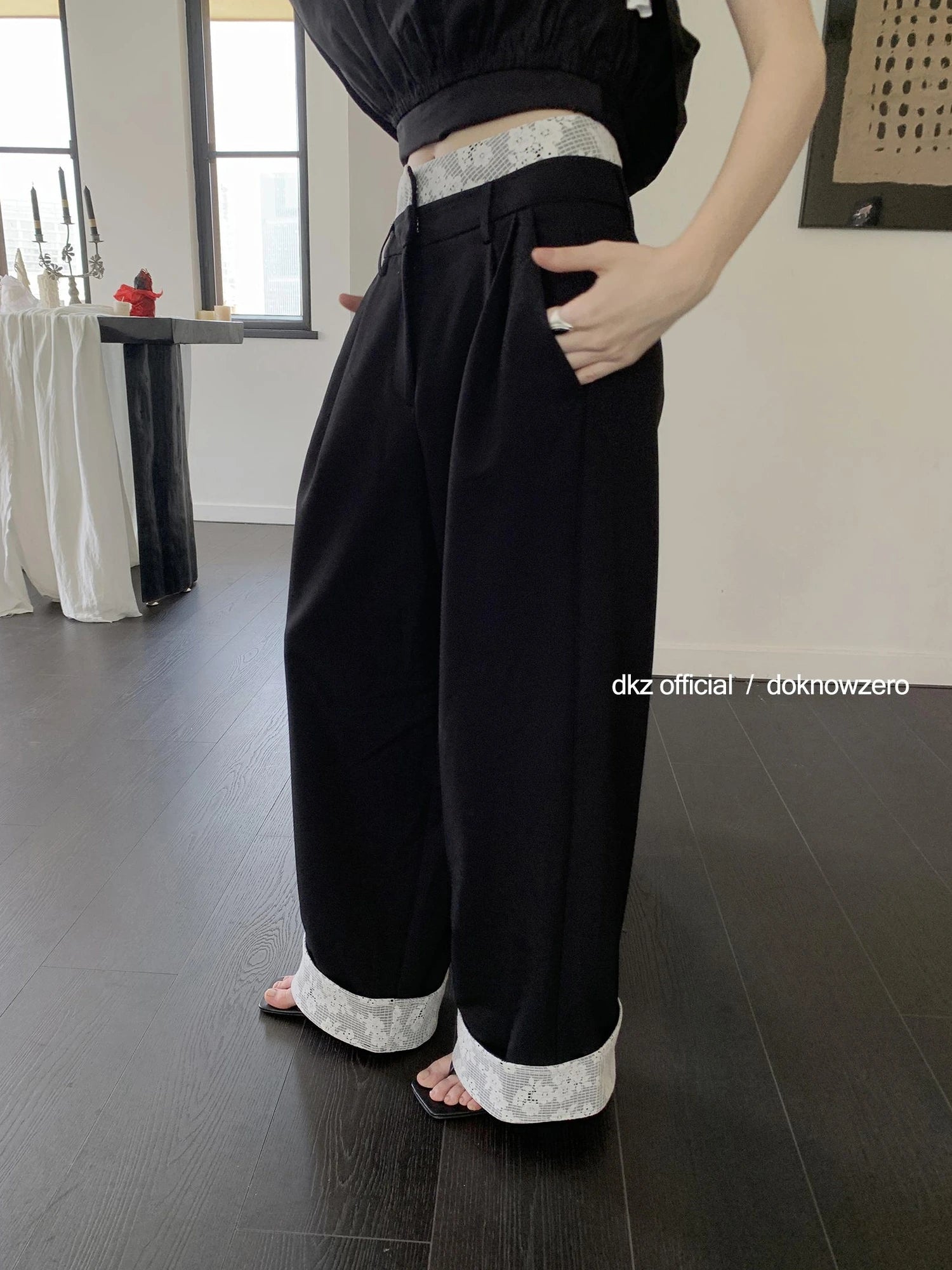 DKZ OFFICIAL Lace Panel Wide Leg Pants With Cuffed Hem