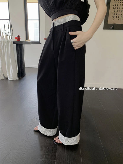 DKZ OFFICIAL Lace Panel Wide Leg Pants With Cuffed Hem