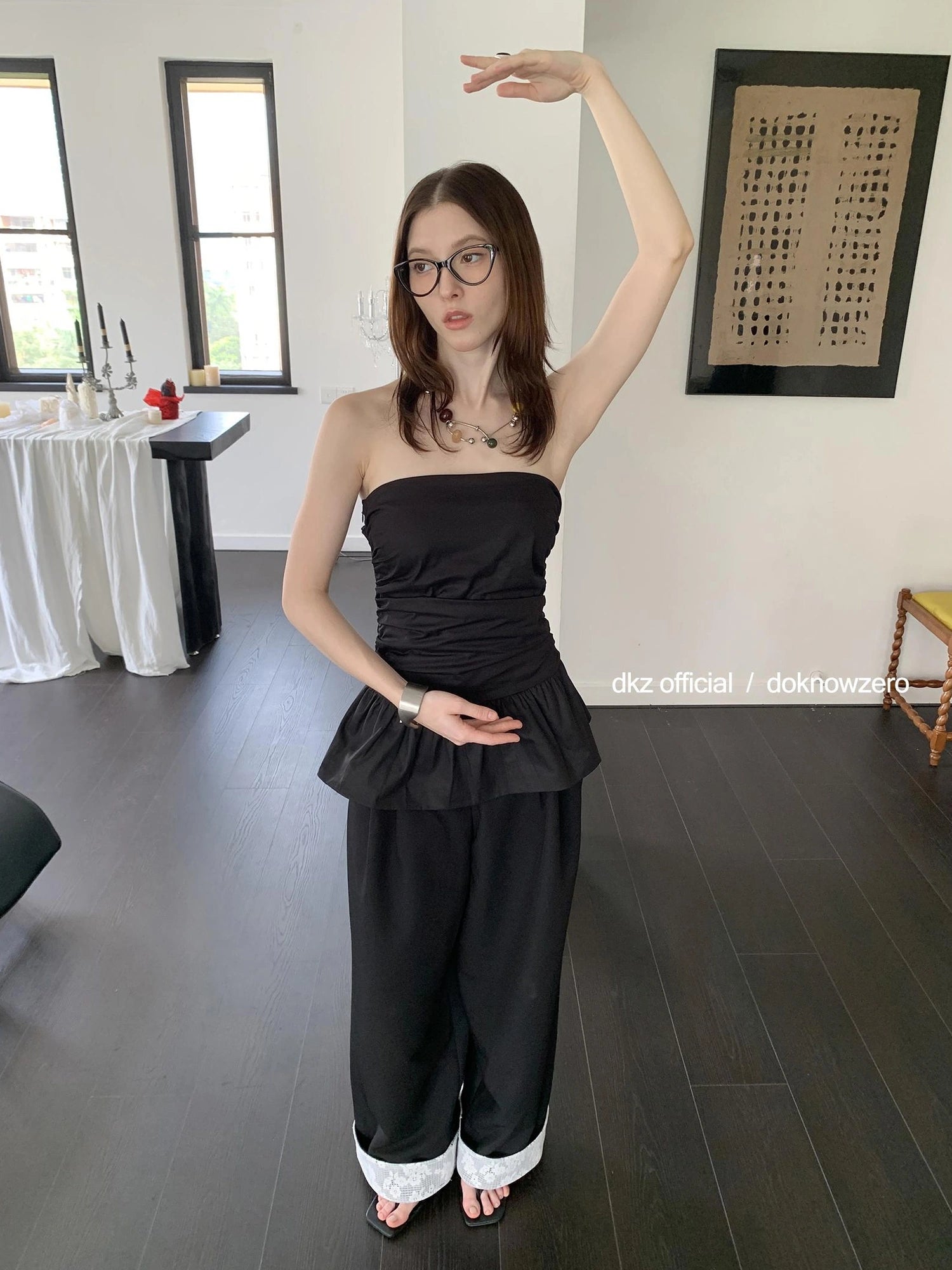 DKZ OFFICIAL Lace Panel Wide Leg Pants With Cuffed Hem