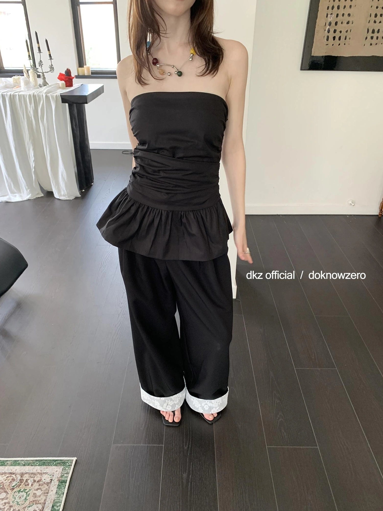 DKZ OFFICIAL Lace Panel Wide Leg Pants With Cuffed Hem