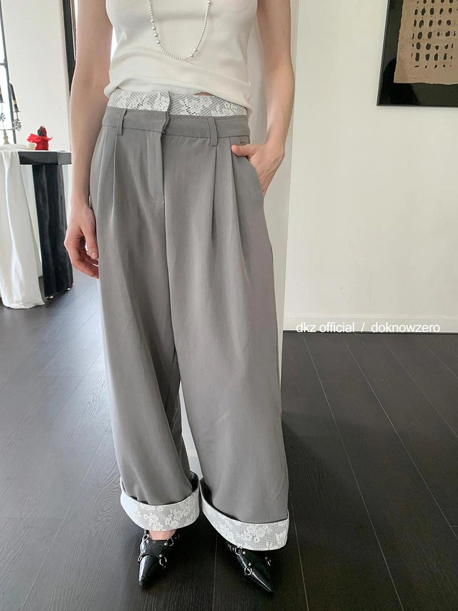 DKZ OFFICIAL Lace Panel Wide Leg Pants With Cuffed Hem