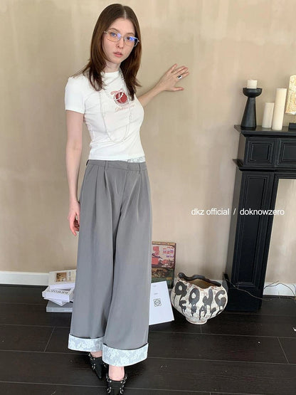 DKZ OFFICIAL Lace Panel Wide Leg Pants With Cuffed Hem