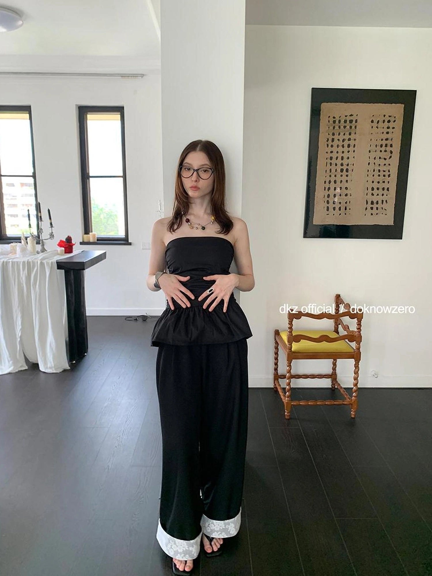 DKZ OFFICIAL Lace Panel Wide Leg Pants With Cuffed Hem