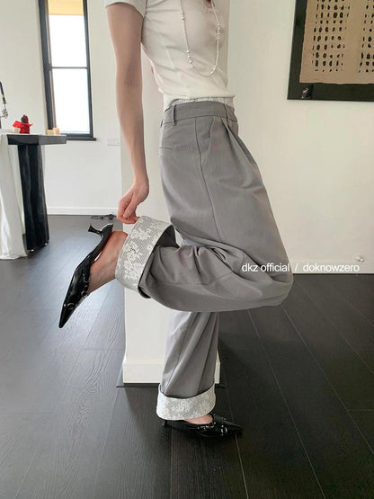 DKZ OFFICIAL Lace Panel Wide Leg Pants With Cuffed Hem