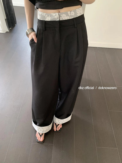 DKZ OFFICIAL Lace Panel Wide Leg Pants With Cuffed Hem