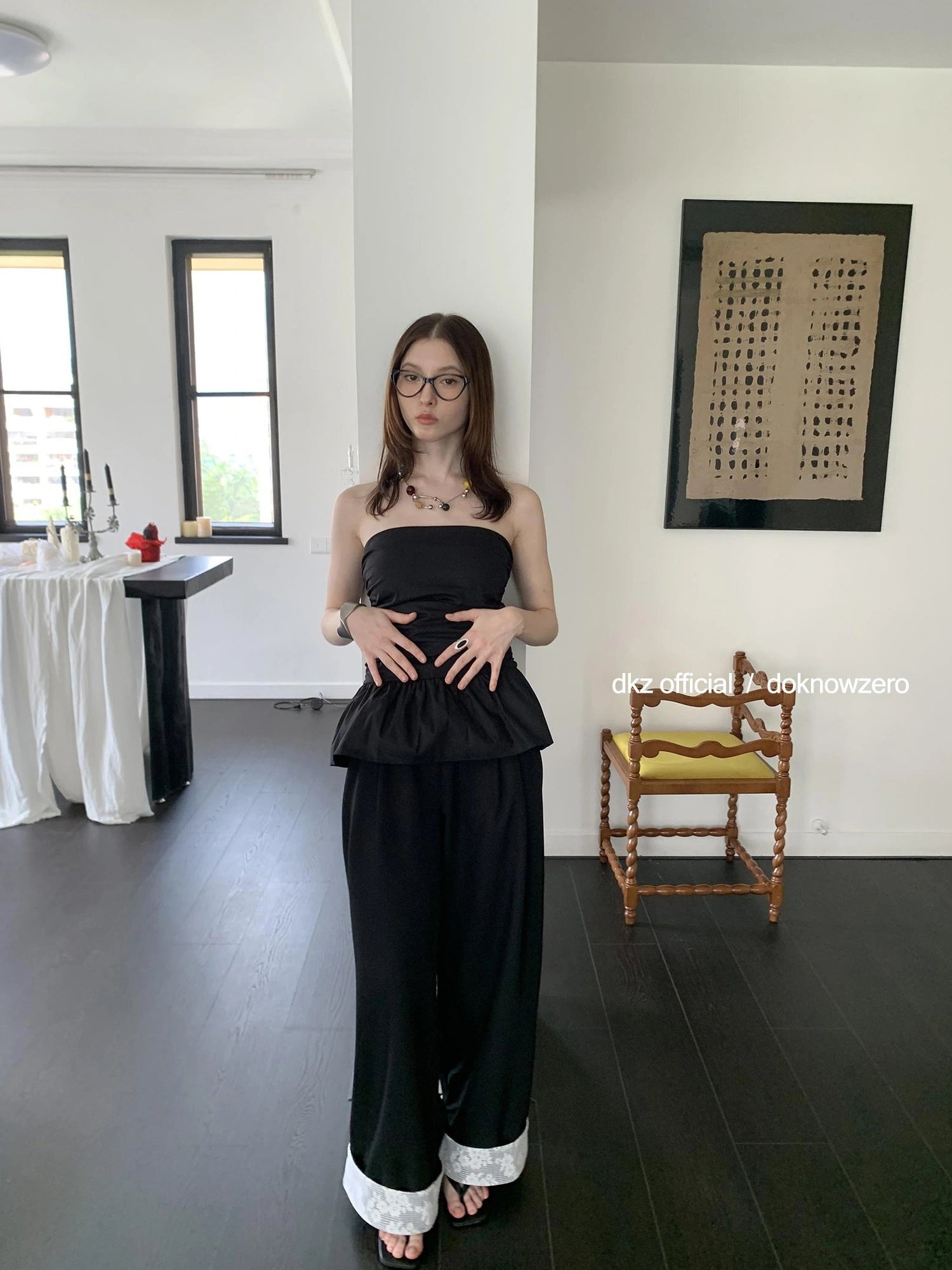 DKZ OFFICIAL Lace Panel Wide Leg Pants With Cuffed Hem