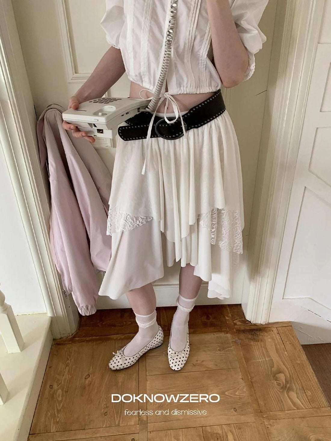DKZ OFFICIAL Lace Paneled A Line Skirt With Asymmetric Hem