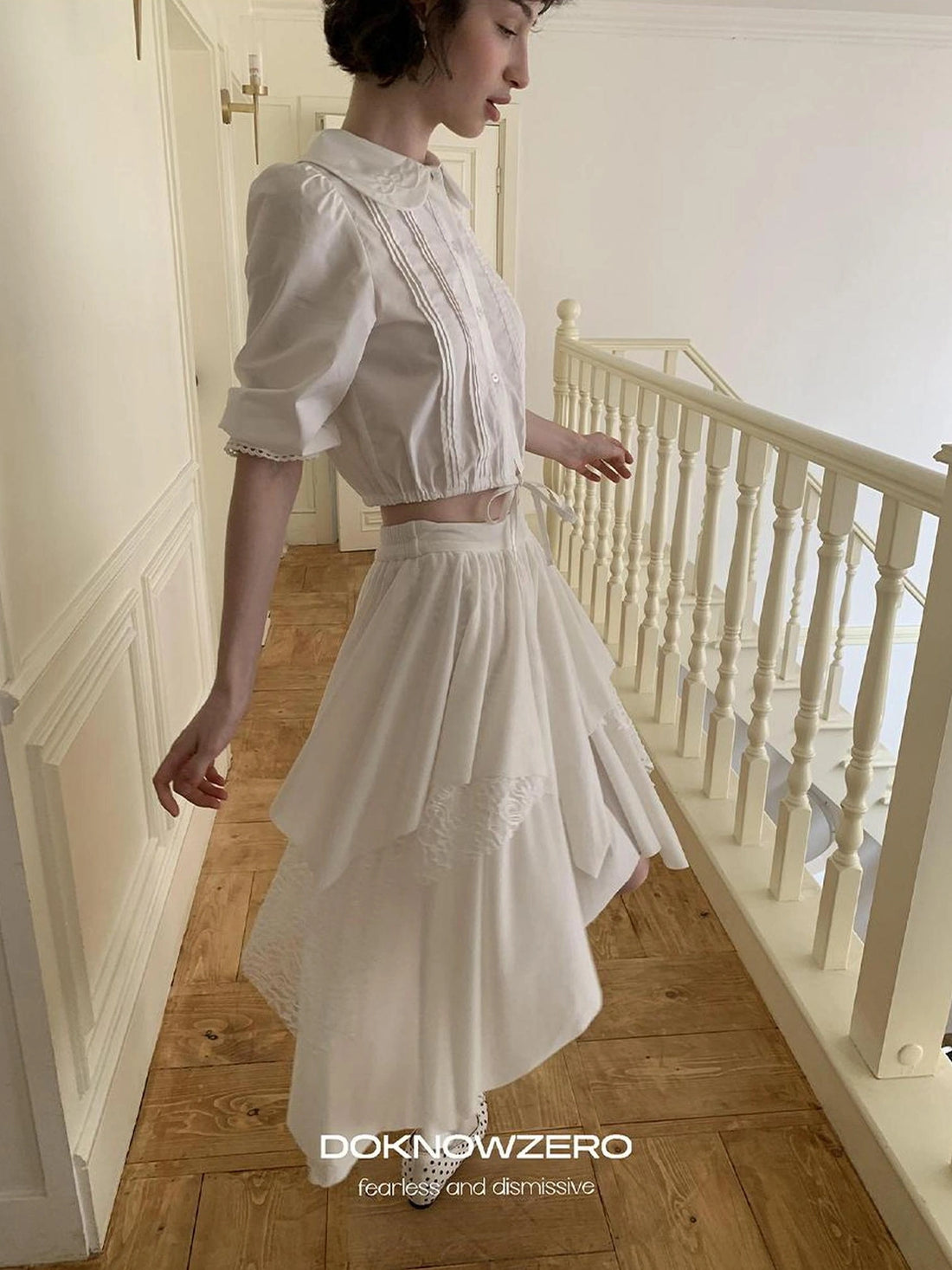 DKZ OFFICIAL Lace Paneled A Line Skirt With Asymmetric Hem