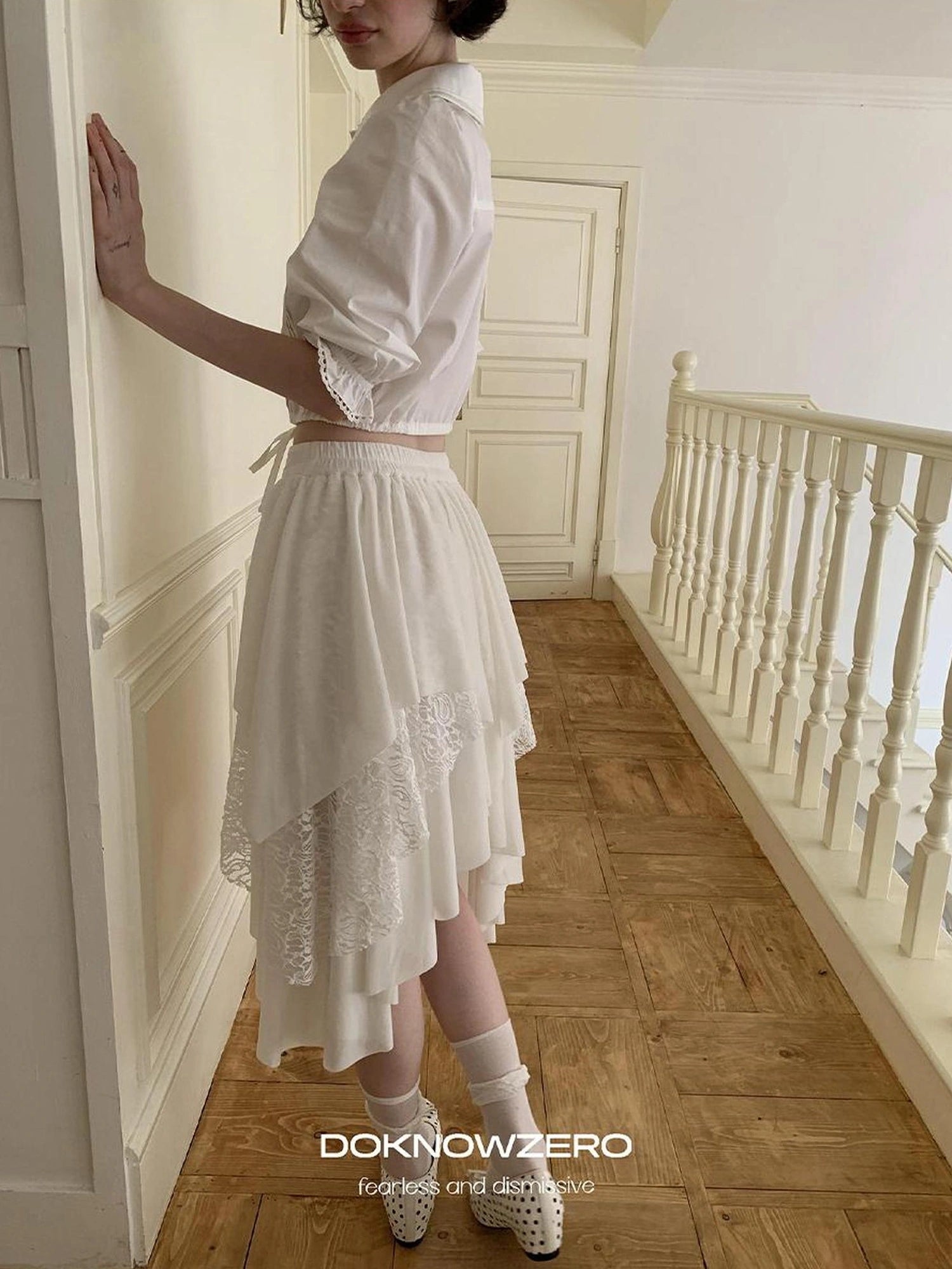 DKZ OFFICIAL Lace Paneled A Line Skirt With Asymmetric Hem