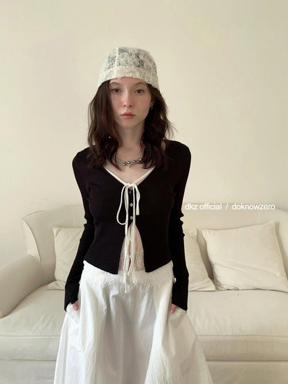 DKZ OFFICIAL Lace Paneled Knit Cardigan