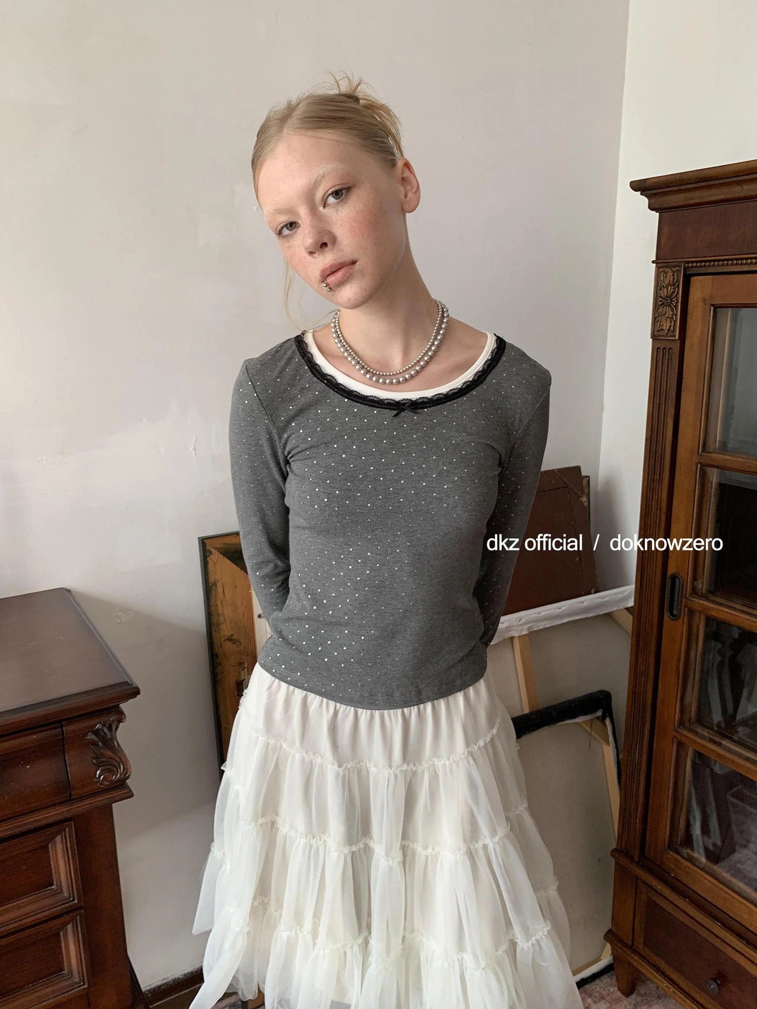 DKZ OFFICIAL Lace Paneled Long Sleeve Top With Silver Foil Print