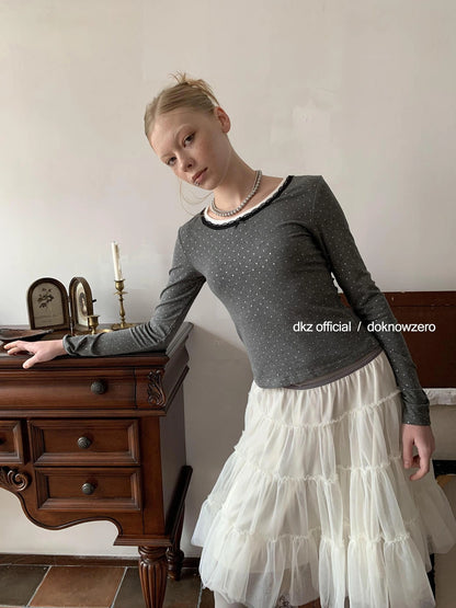 DKZ OFFICIAL Lace Paneled Long Sleeve Top With Silver Foil Print
