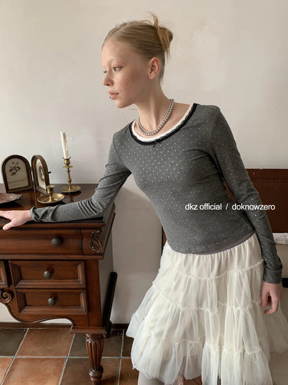 DKZ OFFICIAL Lace Paneled Long Sleeve Top With Silver Foil Print