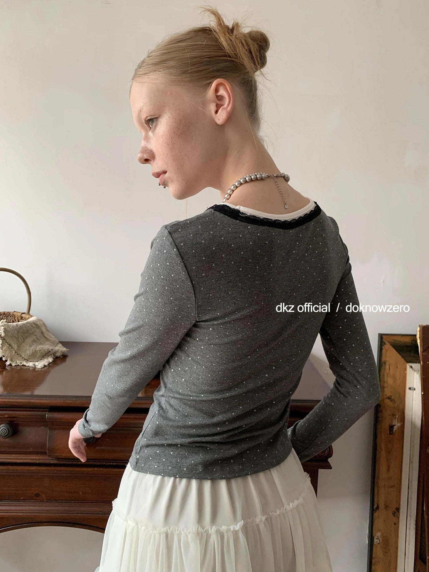 DKZ OFFICIAL Lace Paneled Long Sleeve Top With Silver Foil Print