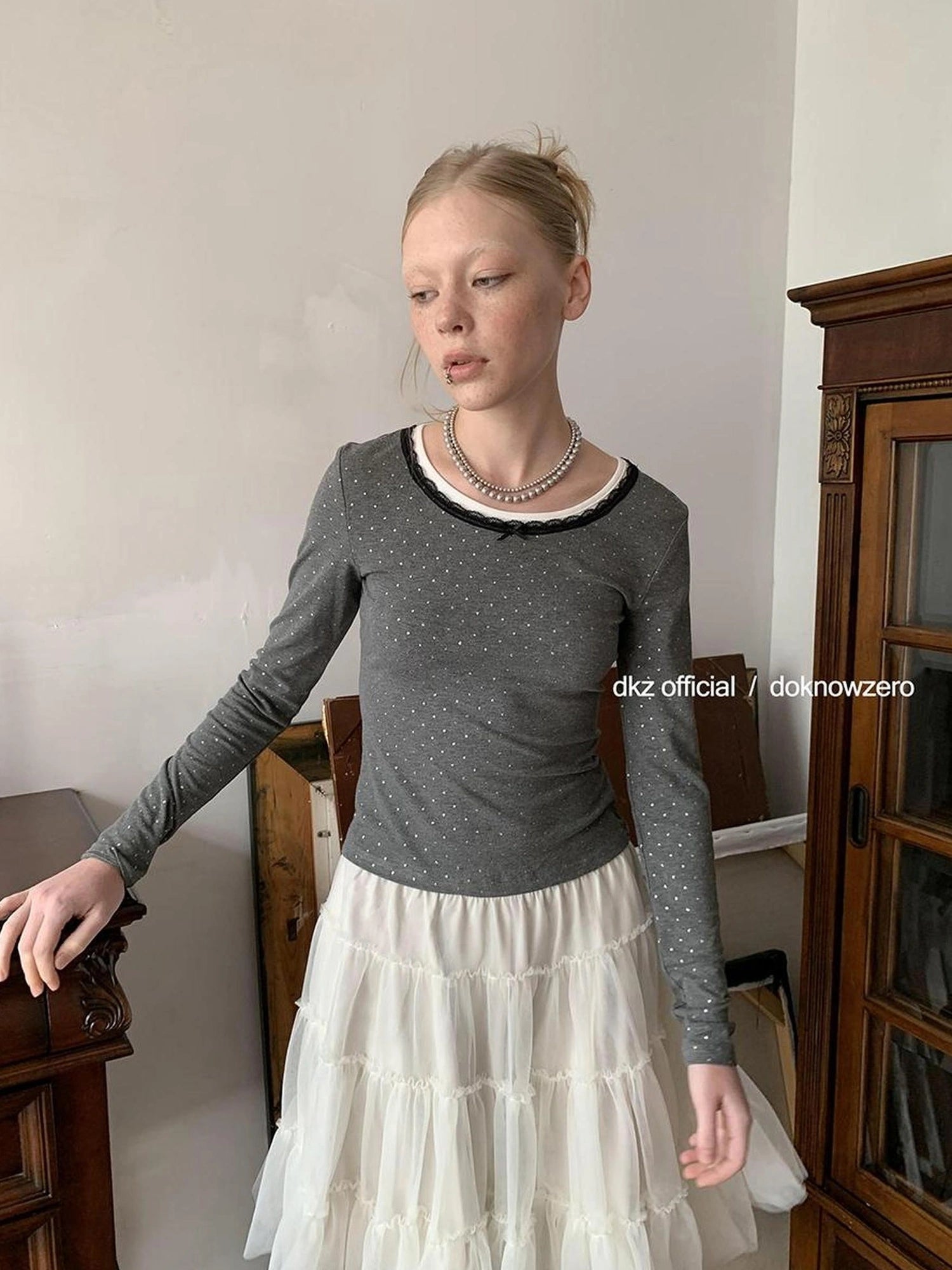 DKZ OFFICIAL Lace Paneled Long Sleeve Top With Silver Foil Print