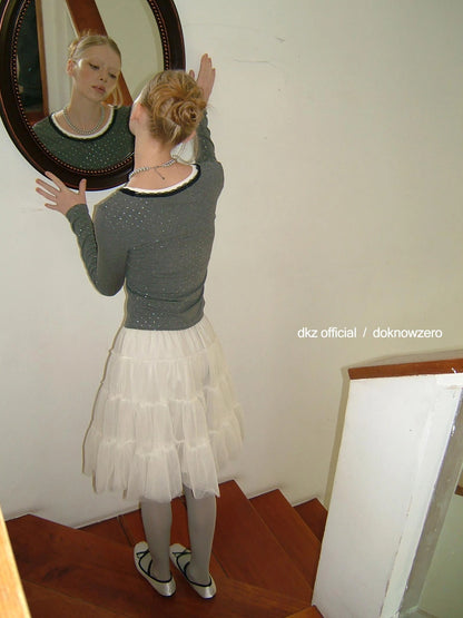 DKZ OFFICIAL Lace Paneled Long Sleeve Top With Silver Foil Print