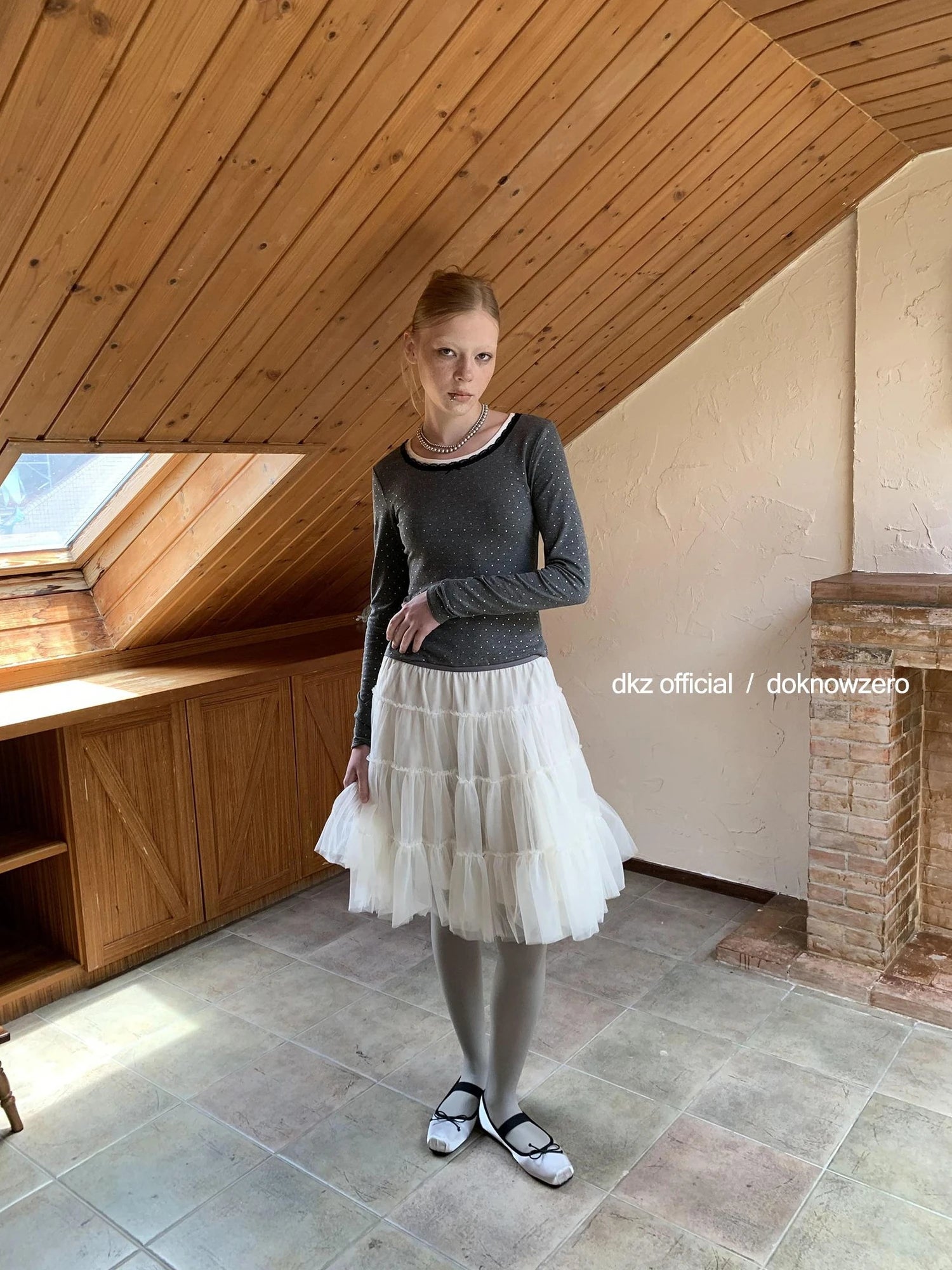 DKZ OFFICIAL Lace Paneled Long Sleeve Top With Silver Foil Print