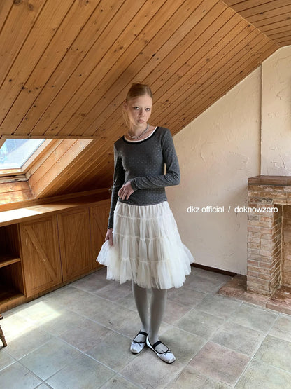 DKZ OFFICIAL Lace Paneled Long Sleeve Top With Silver Foil Print