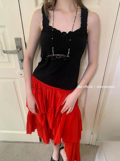 DKZ OFFICIAL Lace Trim Bow Tie Camisole Top