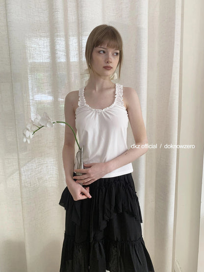 DKZ OFFICIAL Lace Trim Bow Tie Camisole Top