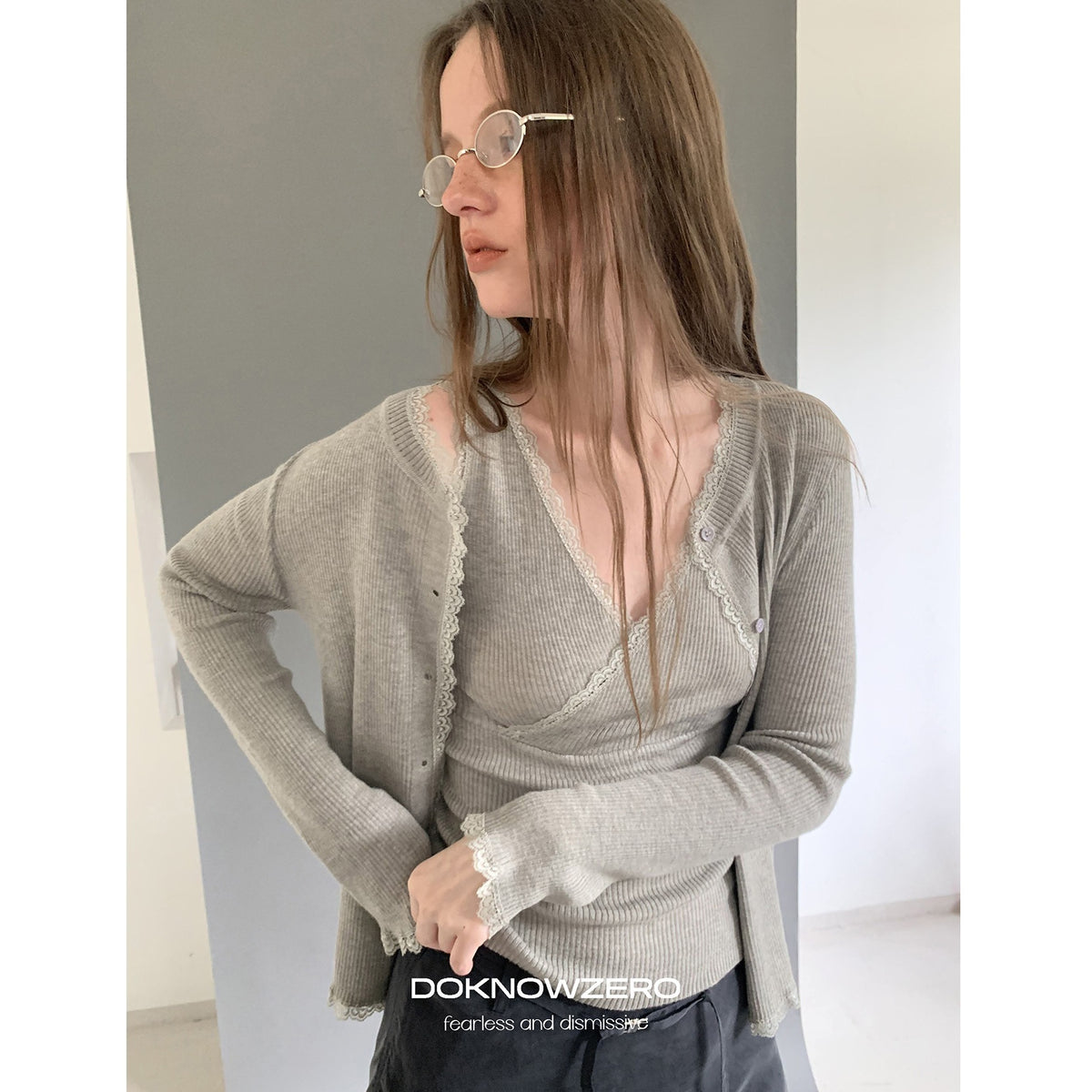 DKZ_OFFICIAL_Lace_Trim_Cross_V-neck_Two_Piece_Knit_Women&