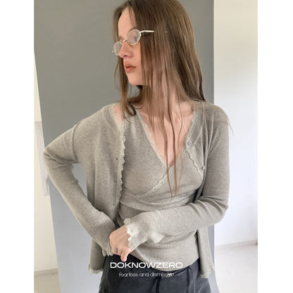 DKZ_OFFICIAL_Lace_Trim_Cross_V-neck_Two_Piece_Knit_Women&