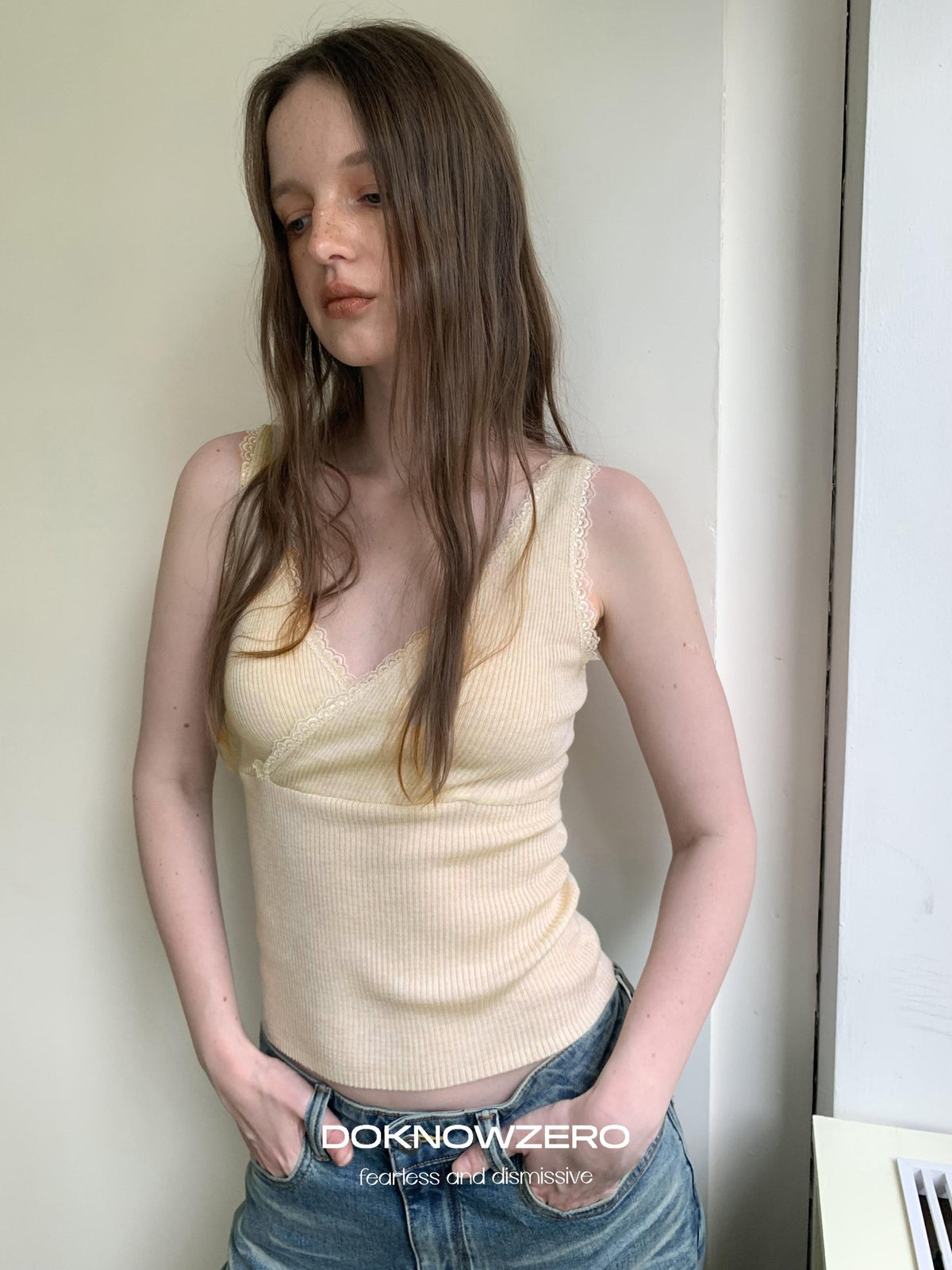 DKZ OFFICIAL Lace Trim Cross V-neck Two Piece Knit Women&