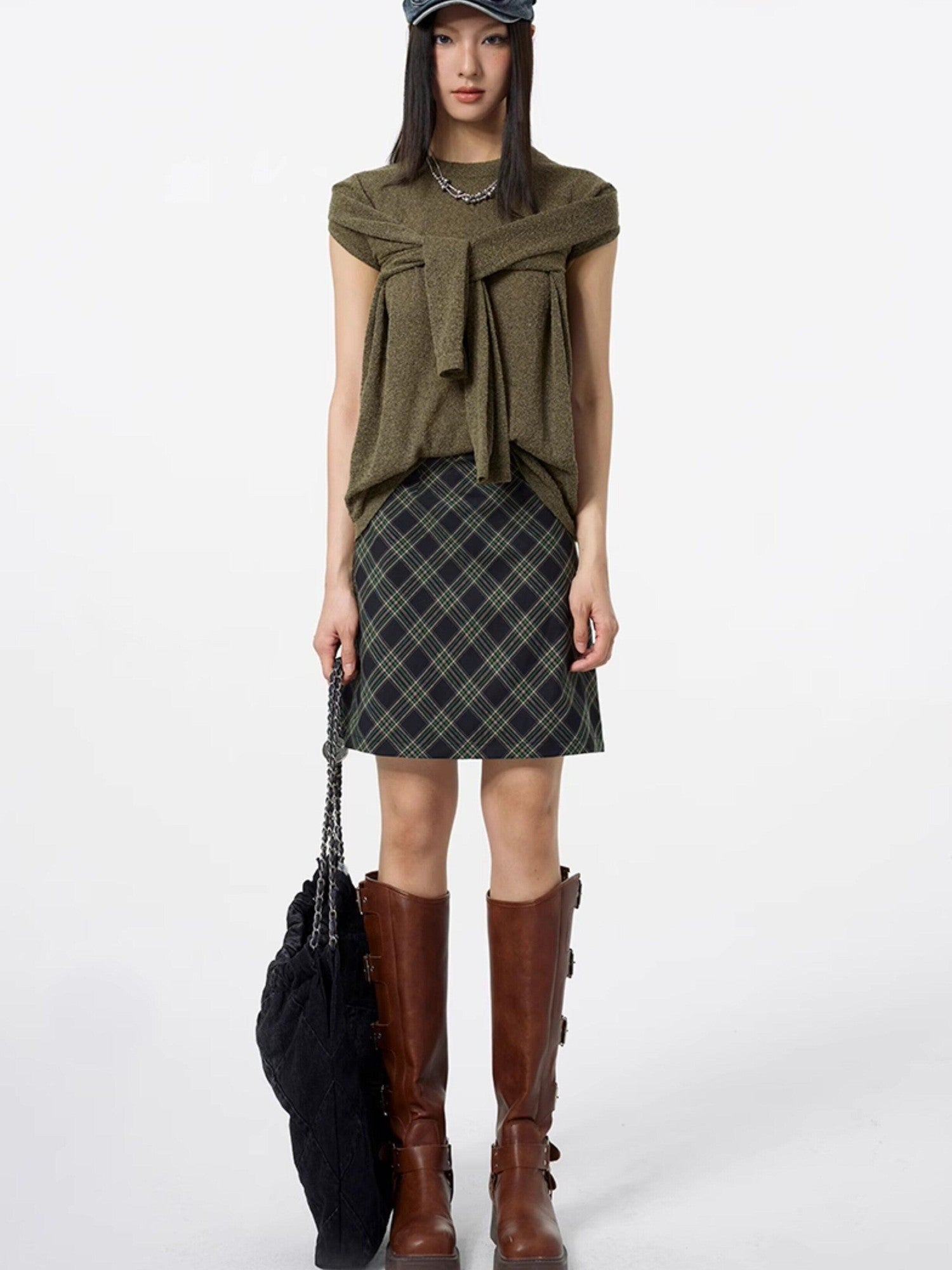 DKZ OFFICIAL Lace Trim Plaid Mid Waist Button A Line Women&