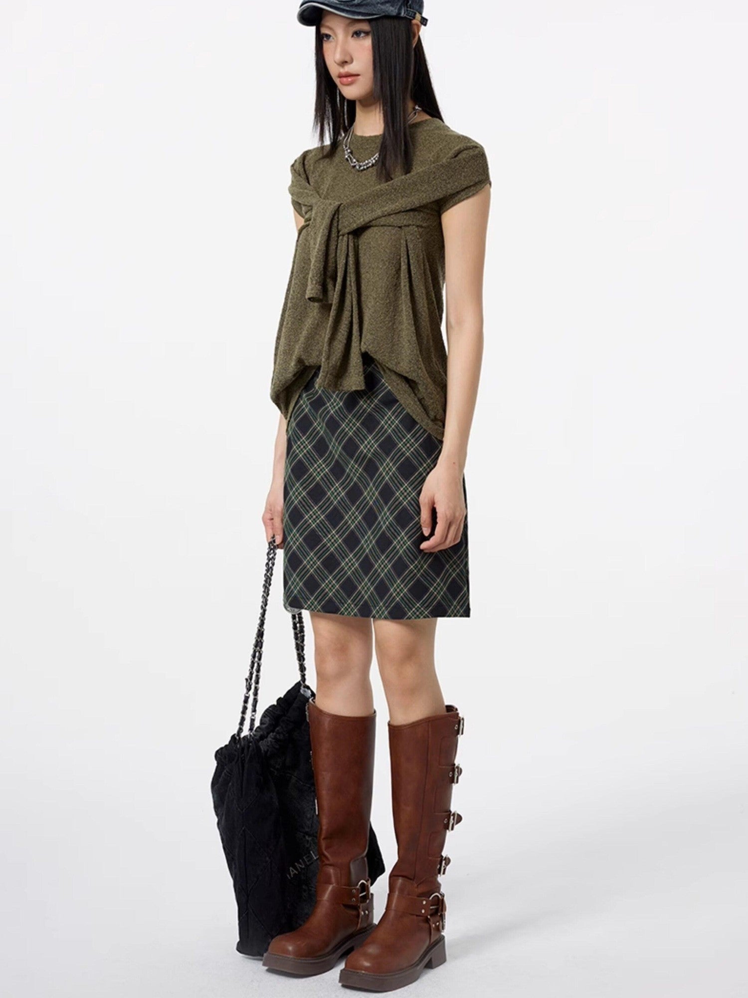 DKZ OFFICIAL Lace Trim Plaid Mid Waist Button A Line Women&