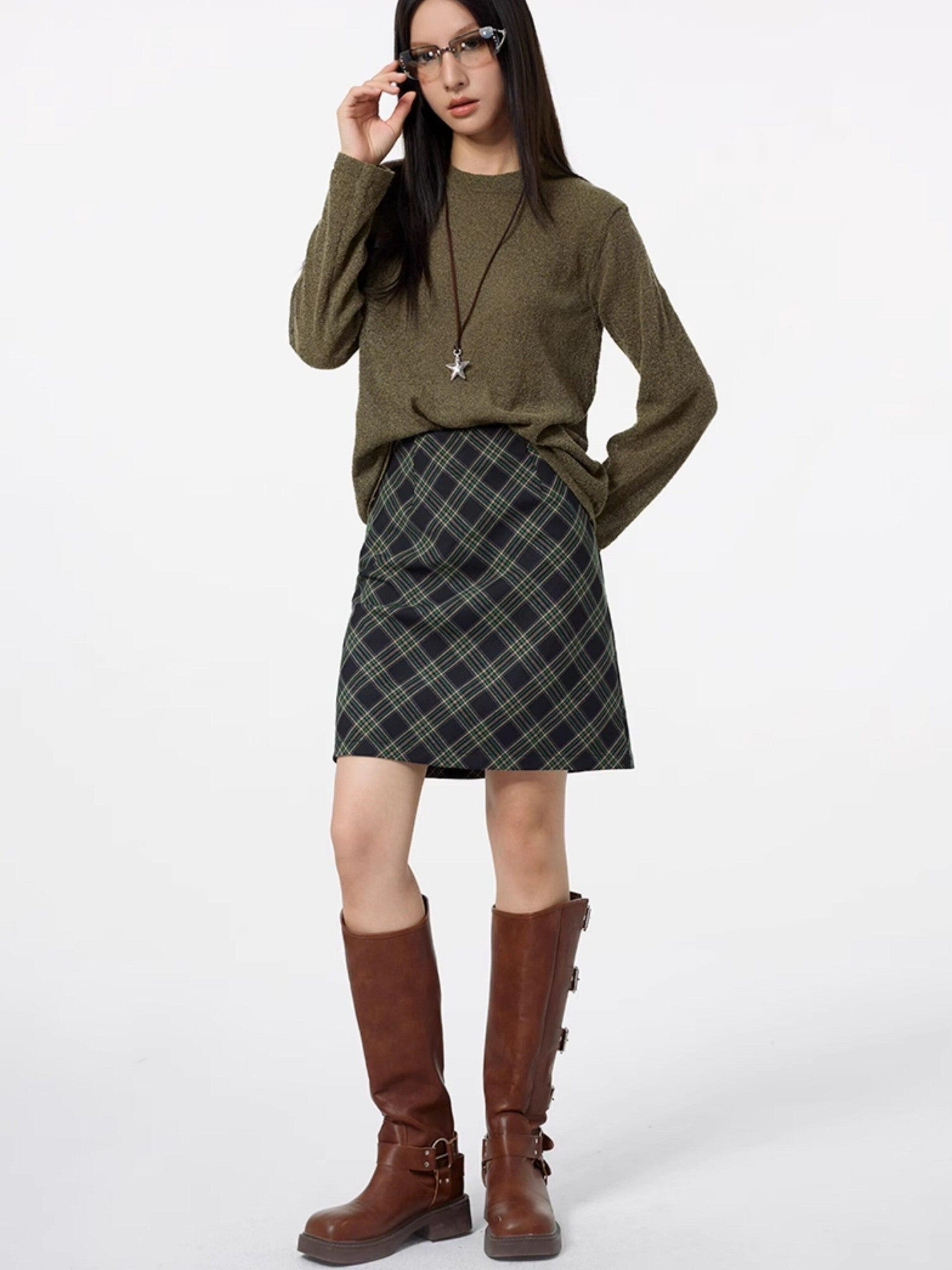 DKZ OFFICIAL Lace Trim Plaid Mid Waist Button A Line Women&