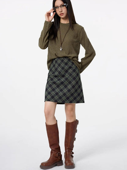 DKZ OFFICIAL Lace Trim Plaid Mid Waist Button A Line Women&