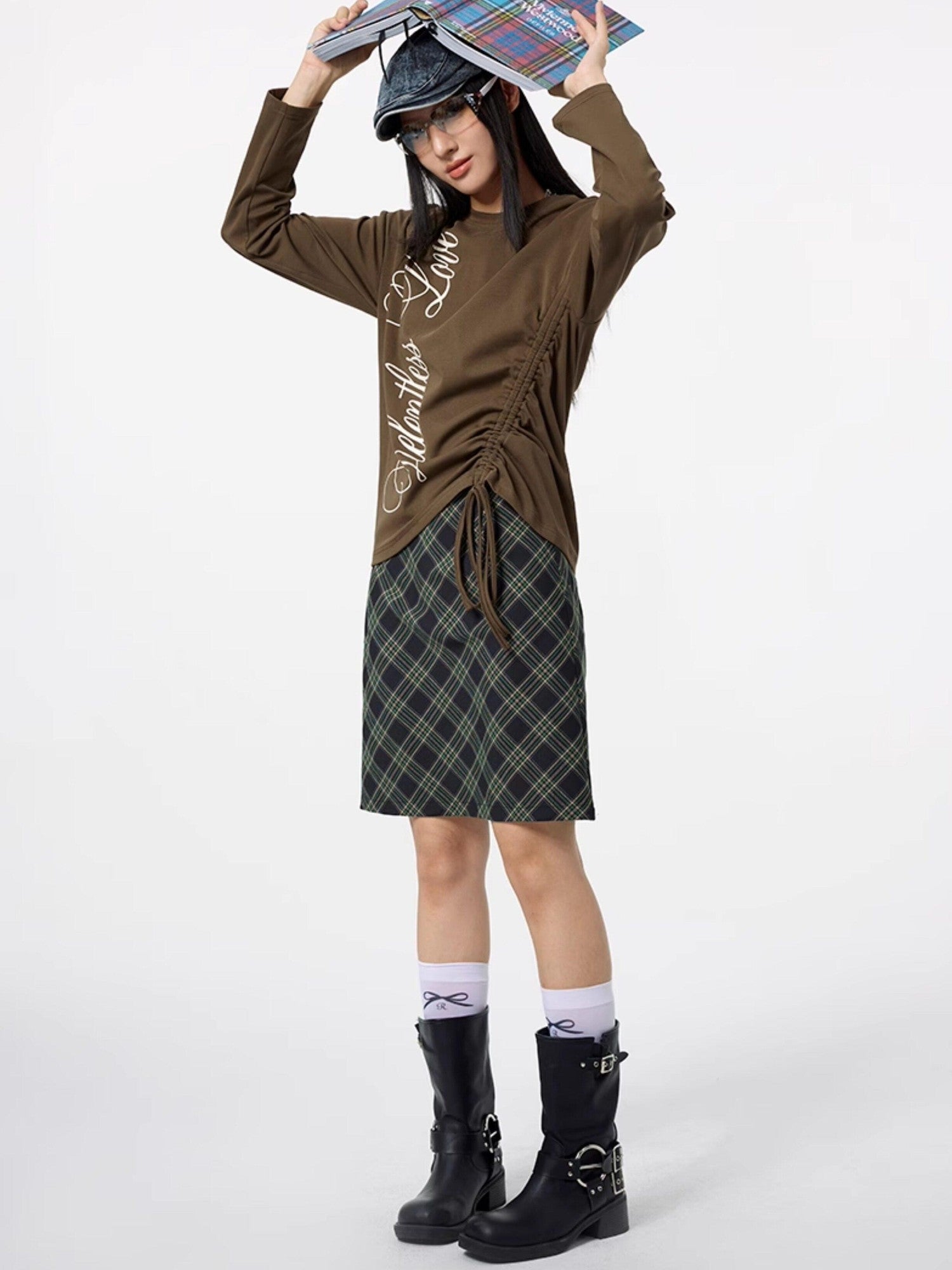DKZ OFFICIAL Lace Trim Plaid Mid Waist Button A Line Women&