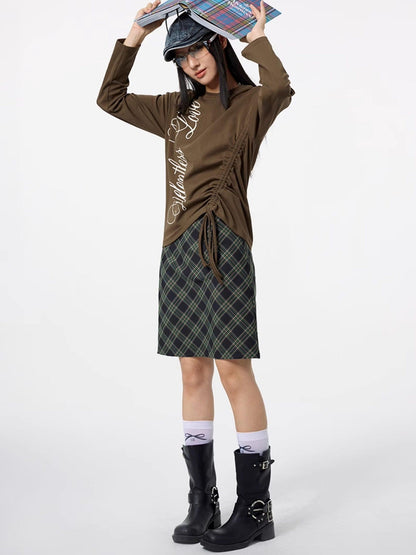 DKZ OFFICIAL Lace Trim Plaid Mid Waist Button A Line Women&