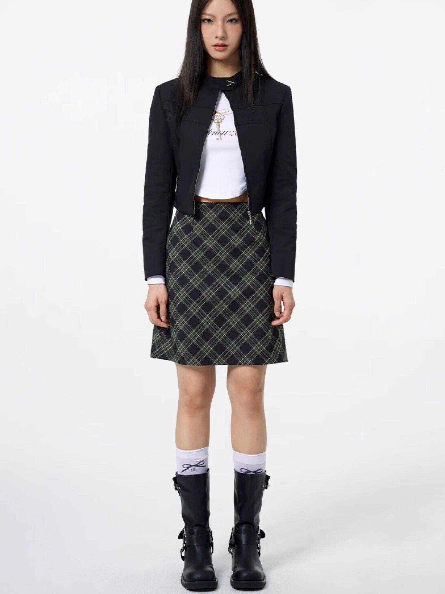 DKZ OFFICIAL Lace Trim Plaid Mid Waist Button A Line Women&