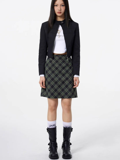 DKZ OFFICIAL Lace Trim Plaid Mid Waist Button A Line Women&