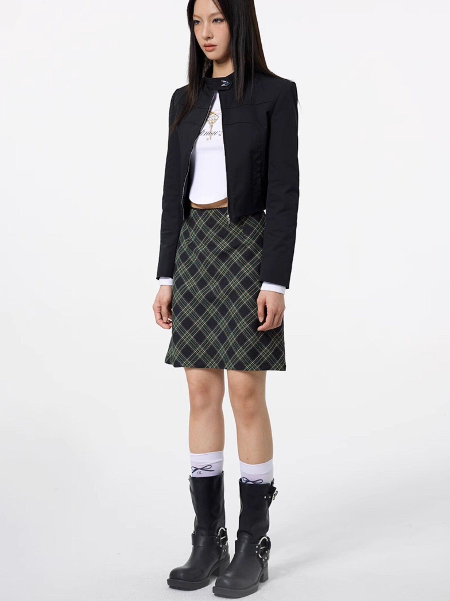 DKZ OFFICIAL Lace Trim Plaid Mid Waist Button A Line Women&