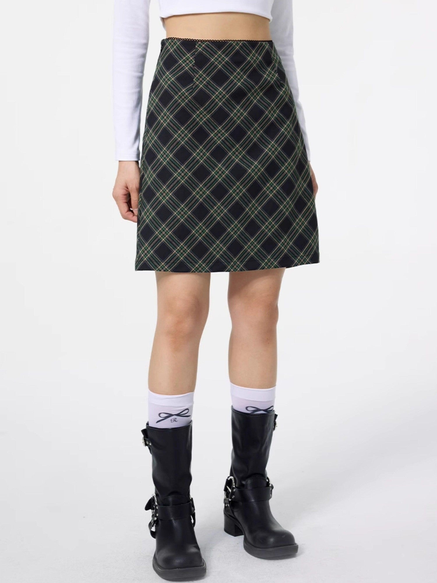 DKZ OFFICIAL Lace Trim Plaid Mid Waist Button A Line Women&