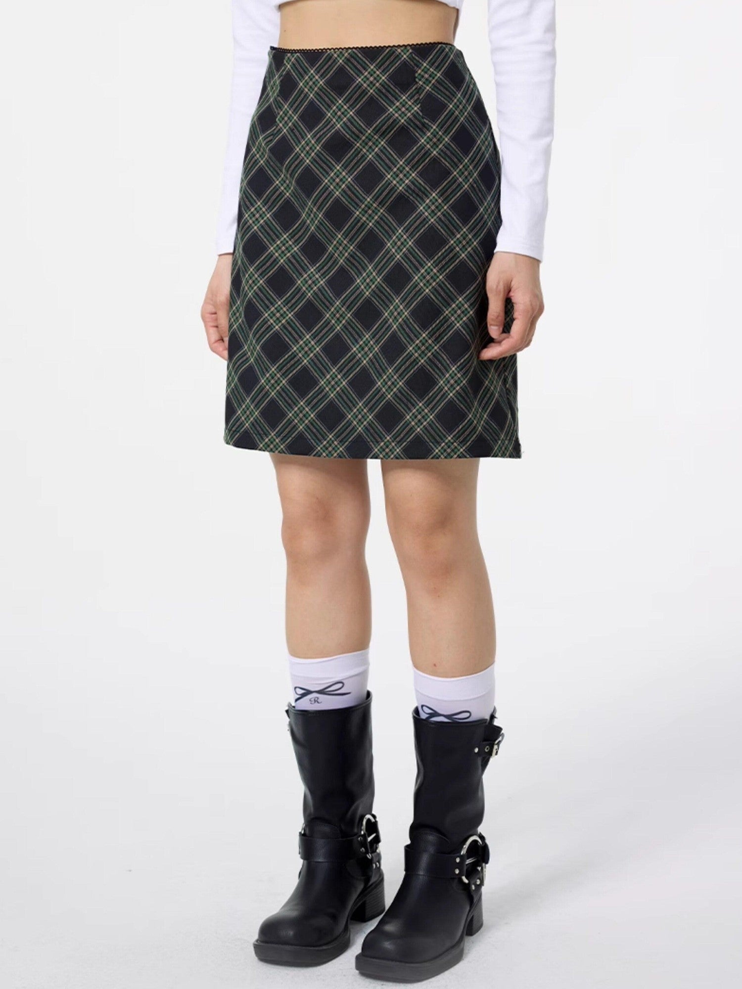 DKZ OFFICIAL Lace Trim Plaid Mid Waist Button A Line Women&