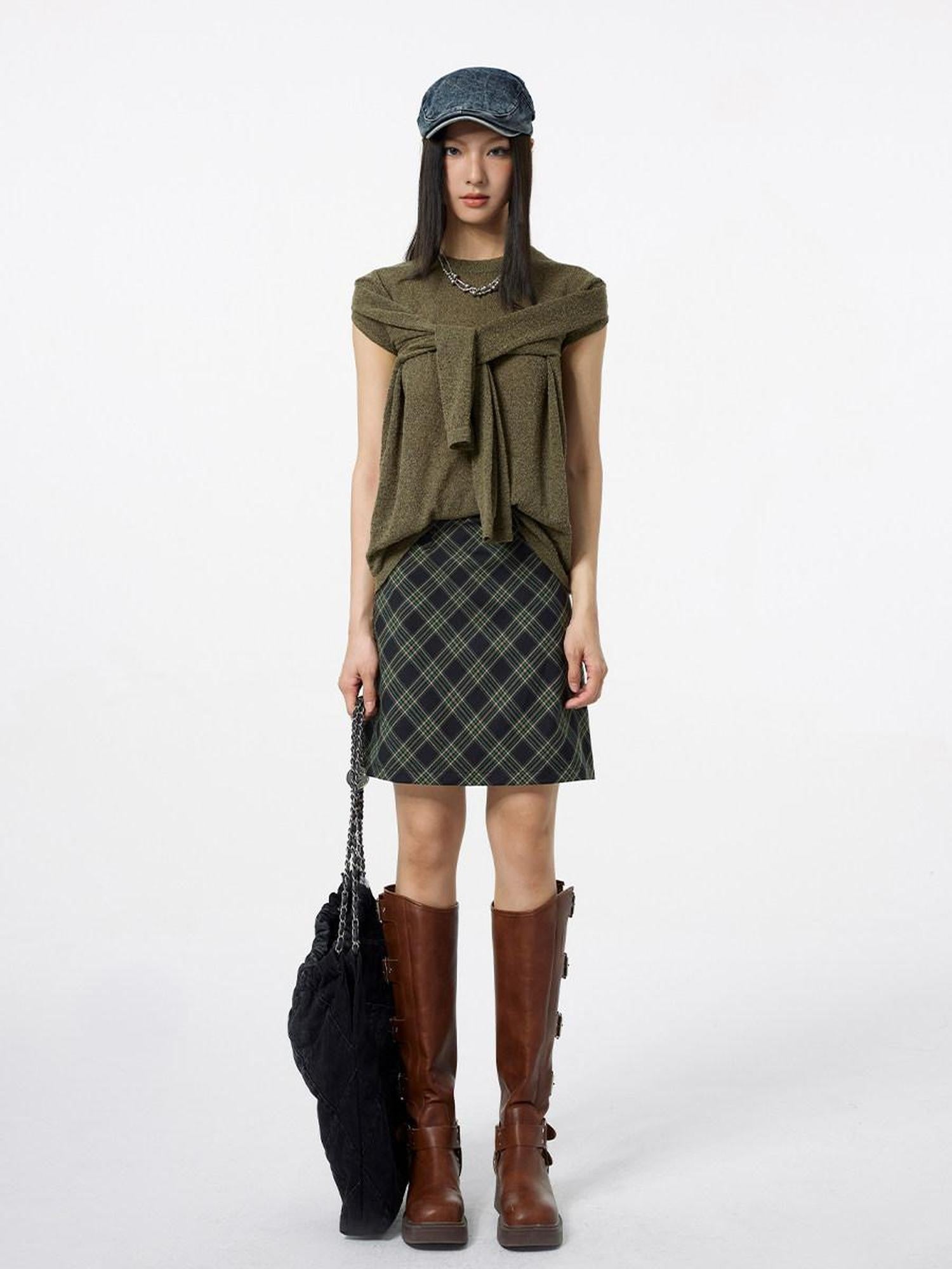 DKZ OFFICIAL Lace Trim Plaid Mid Waist Button A Line Women&