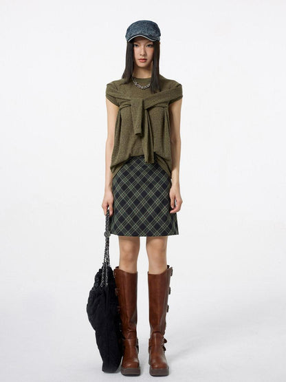 DKZ OFFICIAL Lace Trim Plaid Mid Waist Button A Line Women&