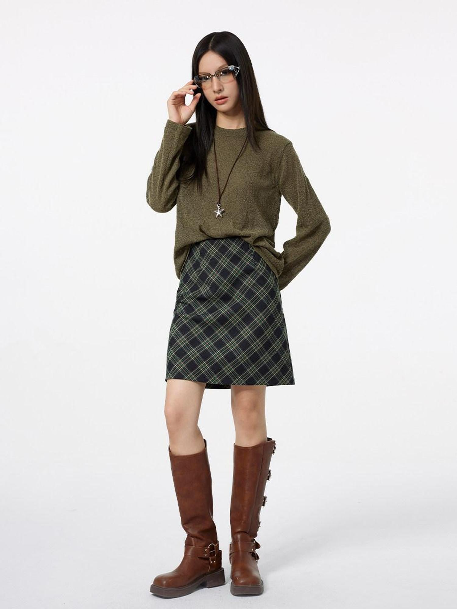 DKZ OFFICIAL Lace Trim Plaid Mid Waist Button A Line Women&