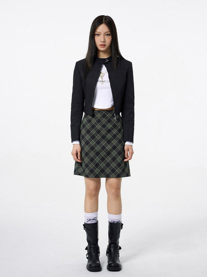 DKZ OFFICIAL Lace Trim Plaid Mid Waist Button A Line Women&