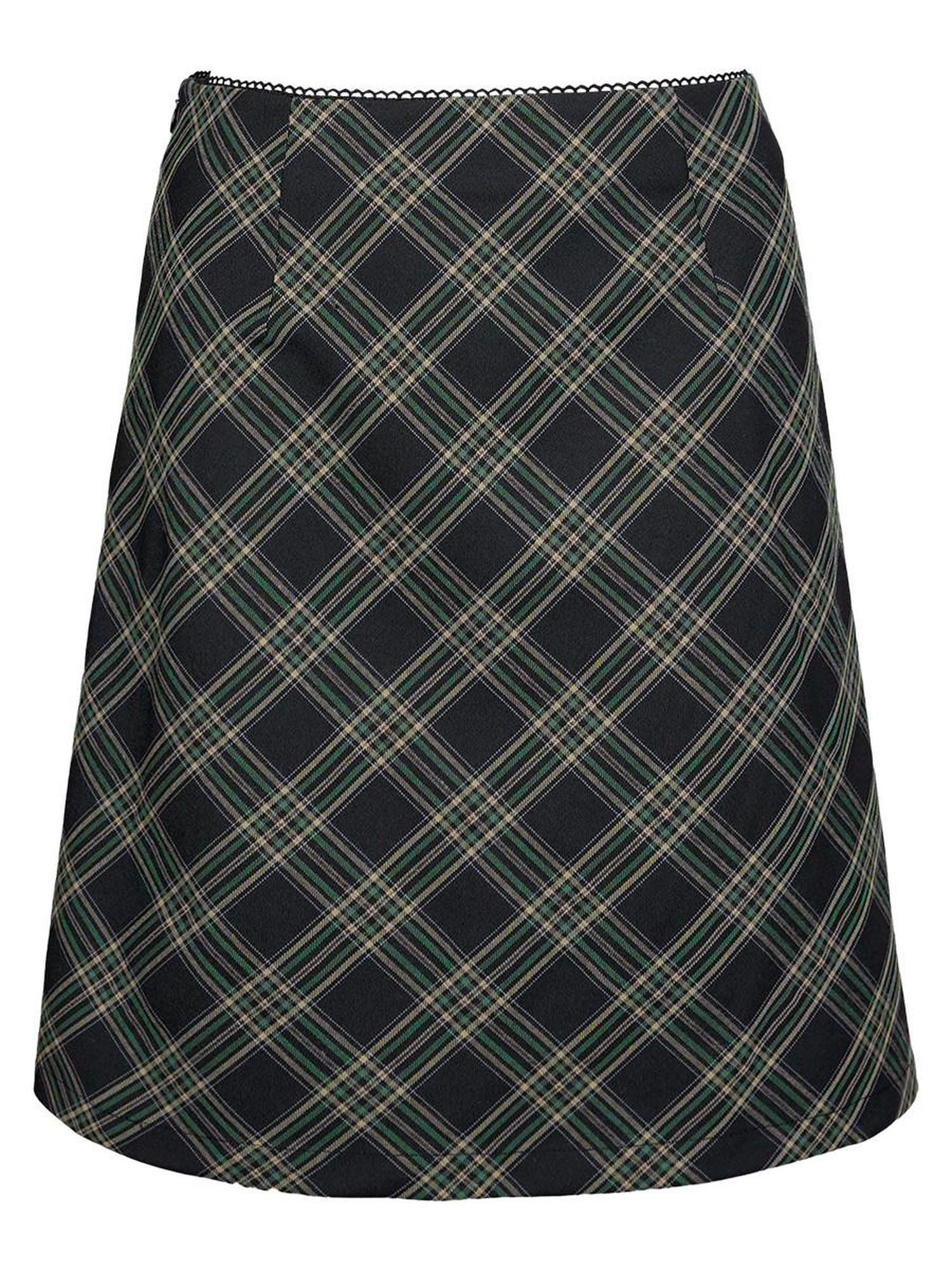 DKZ OFFICIAL Lace Trim Plaid Mid Waist Button A Line Women&