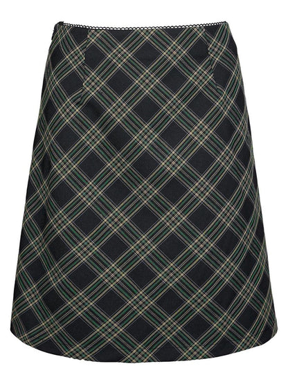 DKZ OFFICIAL Lace Trim Plaid Mid Waist Button A Line Women&