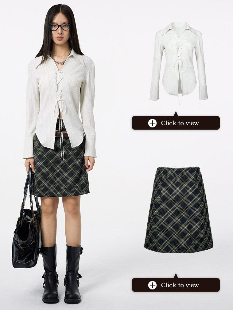 DKZ OFFICIAL Lace Trim Plaid Mid Waist Button A Line Women&
