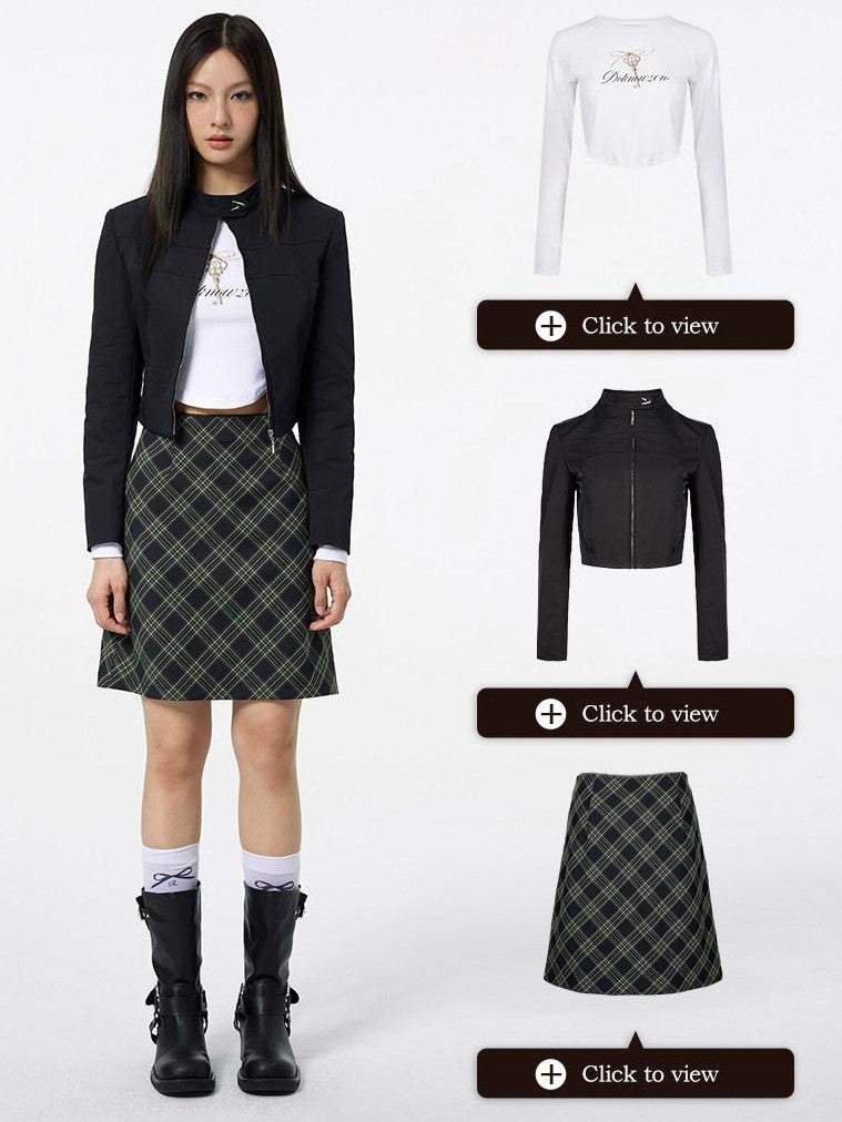 DKZ OFFICIAL Lace Trim Plaid Mid Waist Button A Line Women&