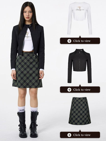 DKZ OFFICIAL Lace Trim Plaid Mid Waist Button A Line Women&